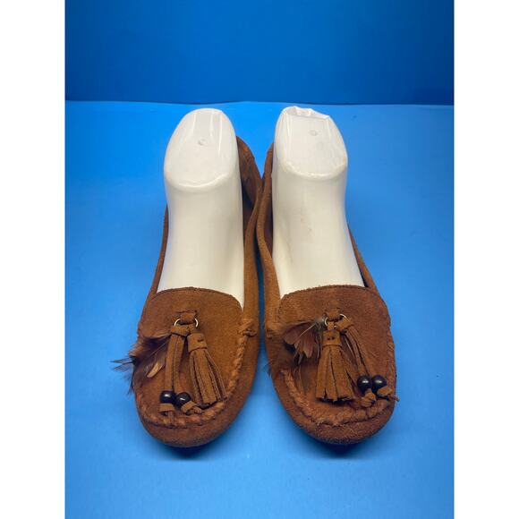 Women's Minnetonka Beaded Fringe Moccasins Brown Suede Leather size 8.5 - Picture 7 of 10